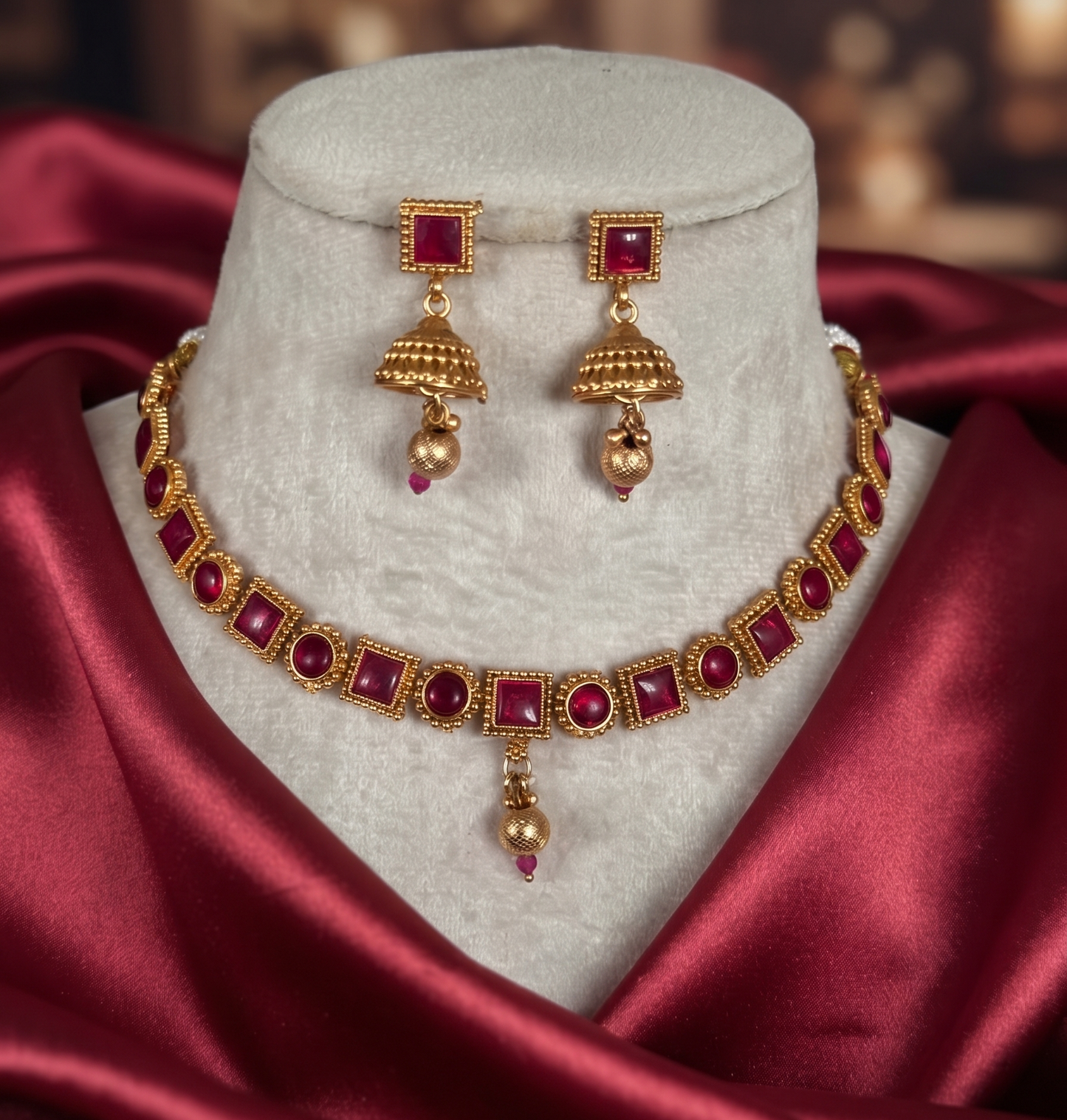 Ruby Red Stone Studded Gold-Plated Choker Necklace Set with Matching Jhumki Earrings
