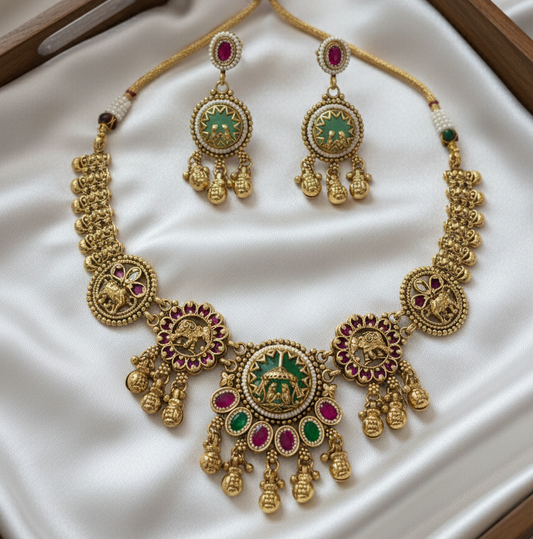 Heritage Antique Gold-Plated Temple Necklace Set with Kemp Stones & Elephant Motifs