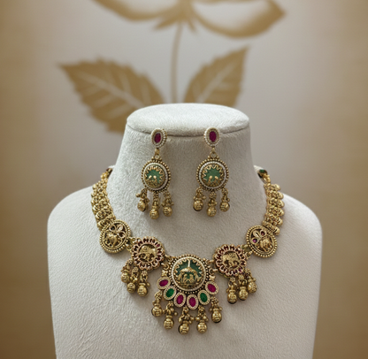Heritage Antique Gold-Plated Temple Necklace Set with Kemp Stones & Elephant Motifs