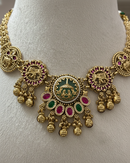 Heritage Antique Gold-Plated Temple Necklace Set with Kemp Stones & Elephant Motifs