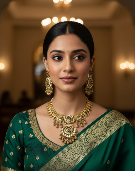 Heritage Antique Gold-Plated Medallion Choker Set with Kemp Stones & Polki Accents