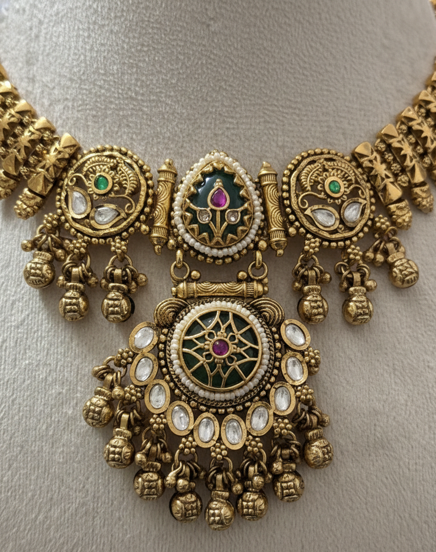 Heritage Antique Gold-Plated Medallion Choker Set with Kemp Stones & Polki Accents