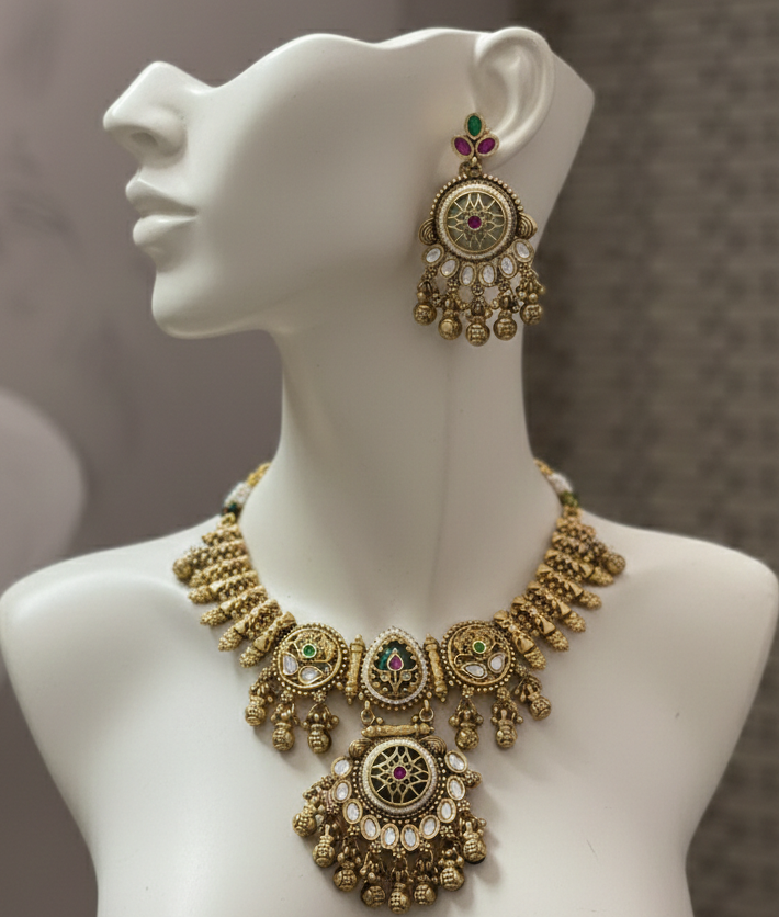 Heritage Antique Gold-Plated Medallion Choker Set with Kemp Stones & Polki Accents