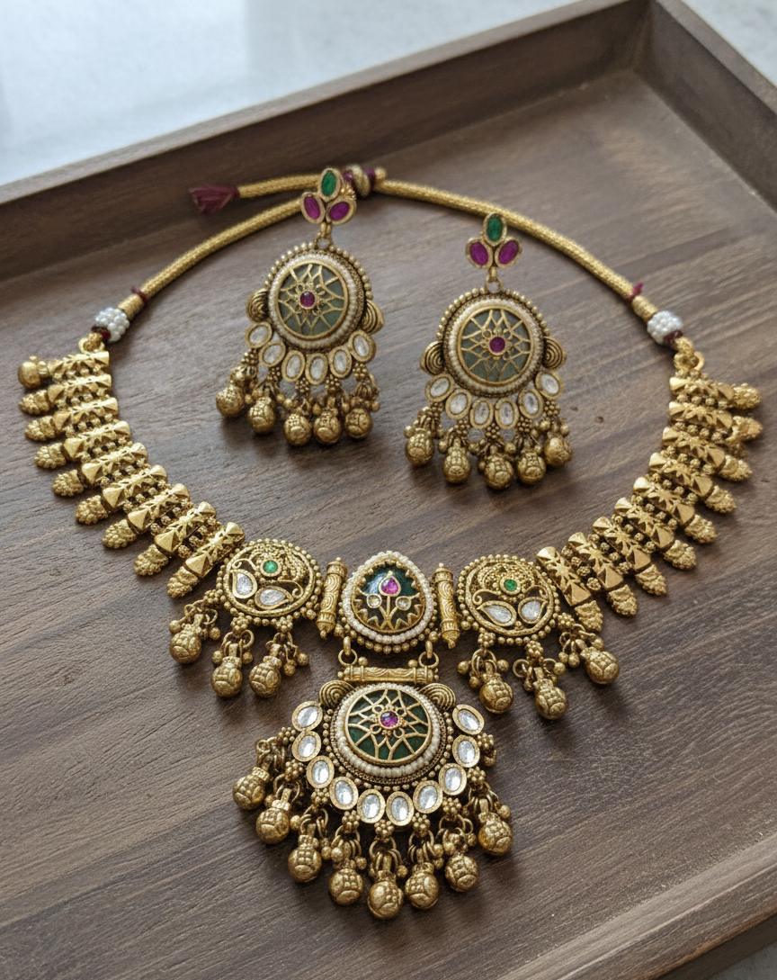 Heritage Antique Gold-Plated Medallion Choker Set with Kemp Stones & Polki Accents