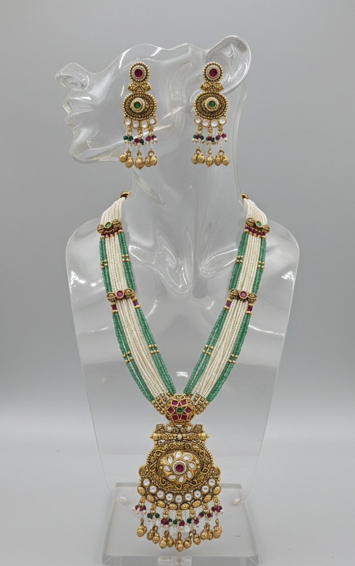 Heritage Multi-Strand Pearl and Emerald Bead Long Necklace Set with Antique Floral Pendant