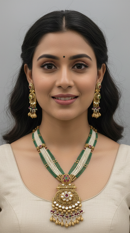 Heritage Multi-Strand Pearl and Emerald Bead Long Necklace Set with Antique Floral Pendant