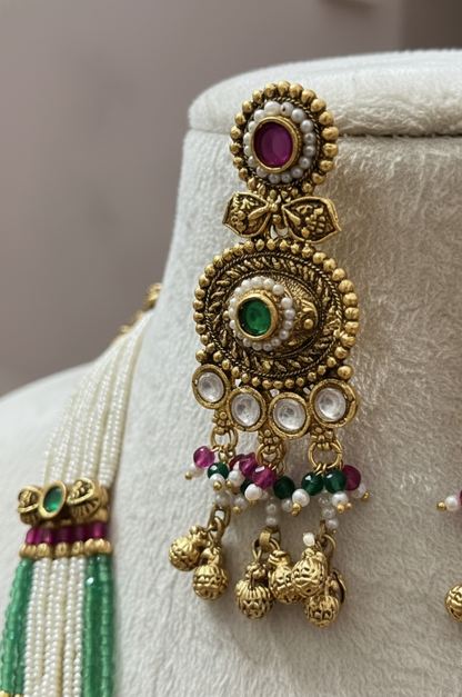 Heritage Multi-Strand Pearl and Emerald Bead Long Necklace Set with Antique Floral Pendant