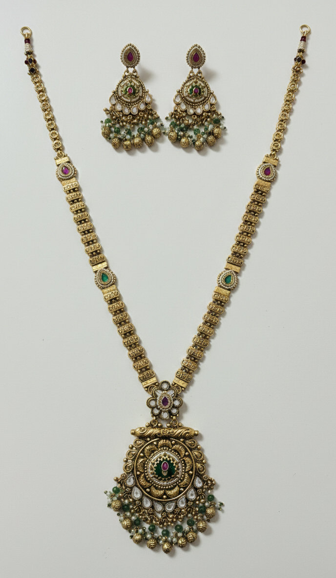 Maharaja Heritage Antique Gold Long Necklace Set with Jhumka Earrings