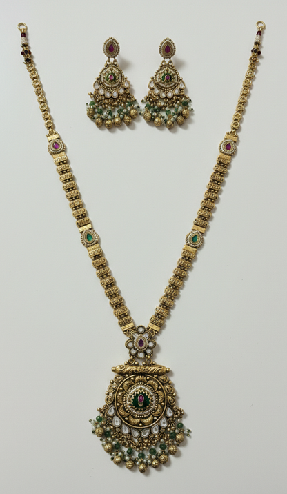 Maharaja Heritage Antique Gold Long Necklace Set with Jhumka Earrings