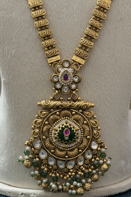 Maharaja Heritage Antique Gold Long Necklace Set with Jhumka Earrings