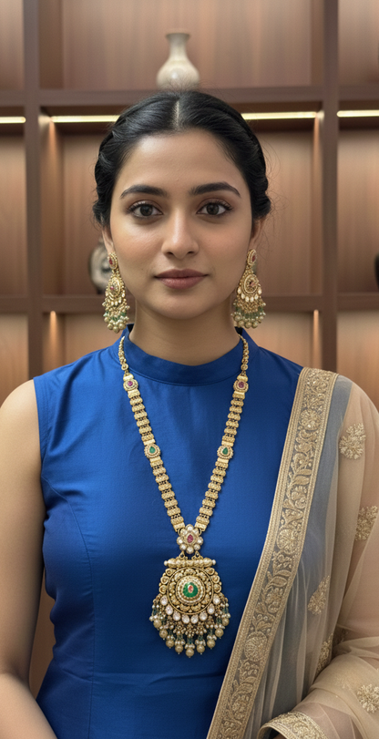 Maharaja Heritage Antique Gold Long Necklace Set with Jhumka Earrings