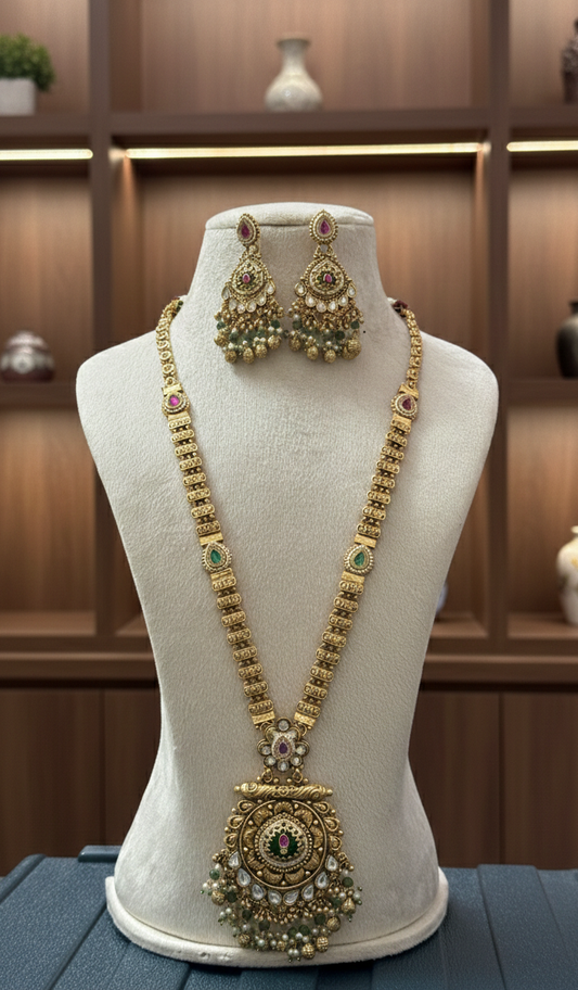 Maharaja Heritage Antique Gold Long Necklace Set with Jhumka Earrings