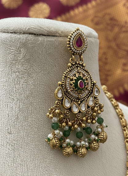 Maharaja Heritage Antique Gold Long Necklace Set with Jhumka Earrings