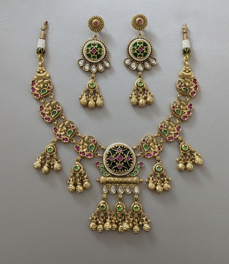 Shahi Rajwada Antique Gold Collar Heritage  Necklace Set with Floral Medallions