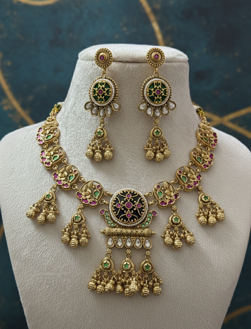 Shahi Rajwada Antique Gold Collar Heritage  Necklace Set with Floral Medallions