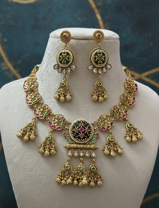 Shahi Rajwada Antique Gold Collar Heritage  Necklace Set with Floral Medallions
