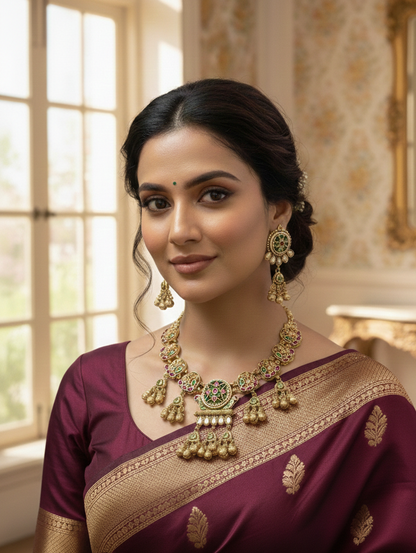 Shahi Rajwada Antique Gold Collar Heritage  Necklace Set with Floral Medallions