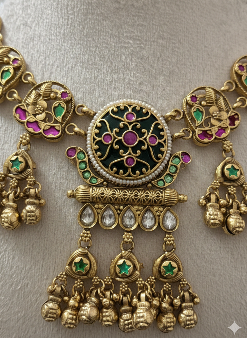 Shahi Rajwada Antique Gold Collar Heritage  Necklace Set with Floral Medallions
