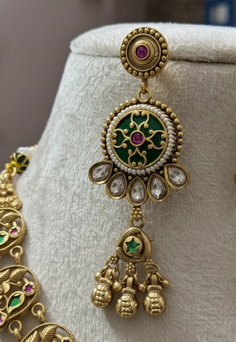 Shahi Rajwada Antique Gold Collar Heritage  Necklace Set with Floral Medallions