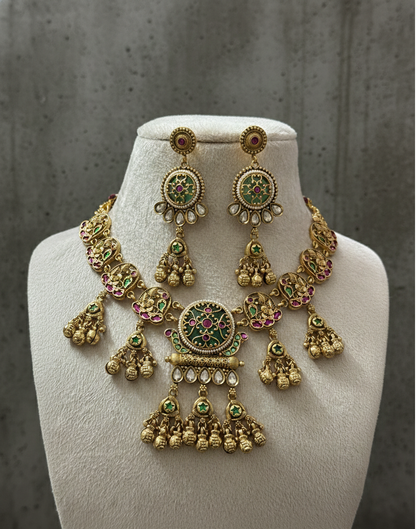 Shahi Rajwada Antique Gold Collar Heritage  Necklace Set with Floral Medallions