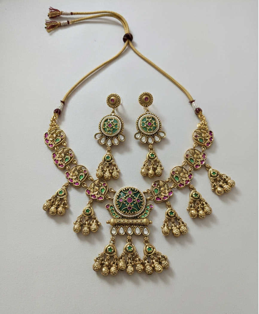 Shahi Rajwada Antique Gold Collar Heritage  Necklace Set with Floral Medallions