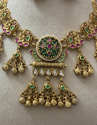 Shahi Rajwada Antique Gold Collar Heritage  Necklace Set with Floral Medallions