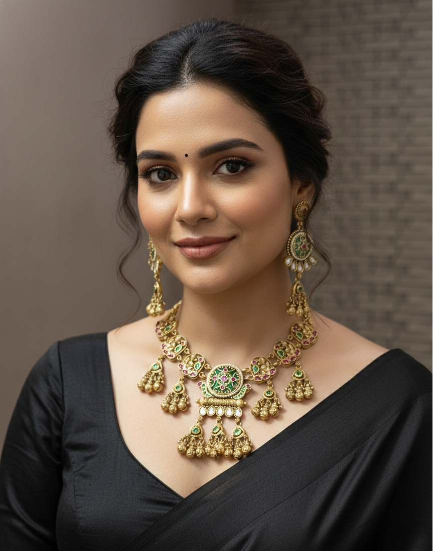 Shahi Rajwada Antique Gold Collar Heritage  Necklace Set with Floral Medallions