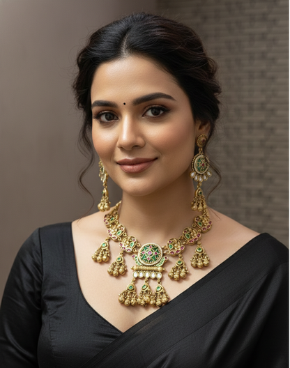 Shahi Rajwada Antique Gold Collar Heritage  Necklace Set with Floral Medallions