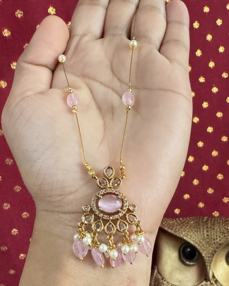 Blush Pink Oval Statement Floating Necklace – Invisible Gold Wire Choker with Pearl & Rose Bead Fringe