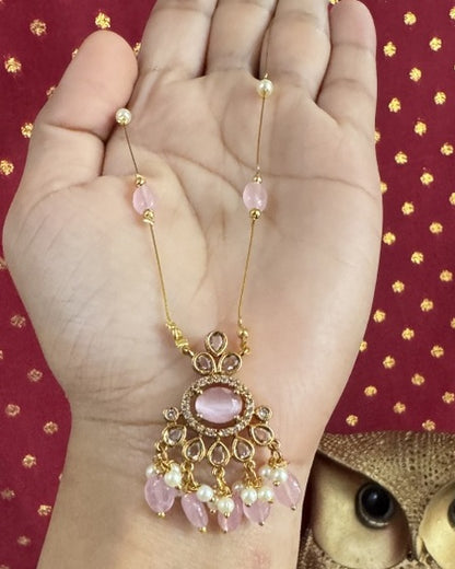 Blush Pink Oval Statement Floating Necklace – Invisible Gold Wire Choker with Pearl & Rose Bead Fringe