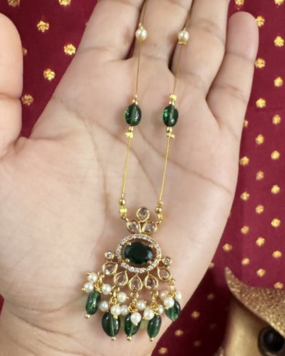 Royal Emerald Statement Floating Necklace – Invisible Gold Wire Choker with Pearl & Green Bead Fringe