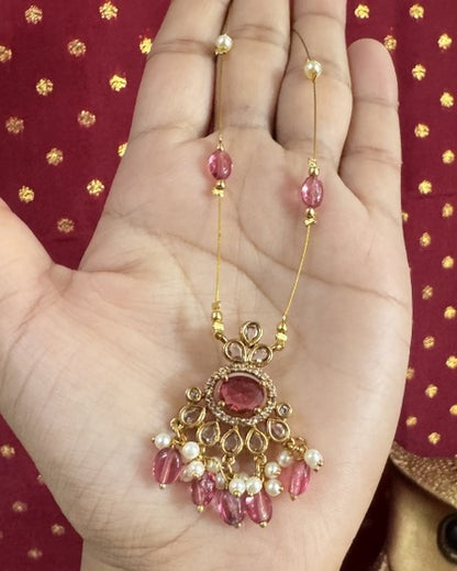 Deep Pink Magenta Floating Necklace – Invisible Gold Wire Choker with Gemstone & Pearl Fringe