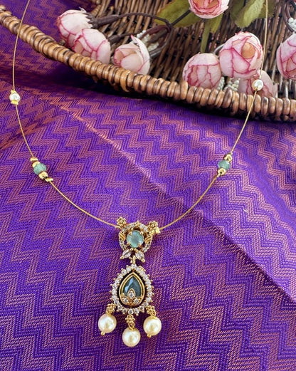Mint Green Two-Tiered Floating Necklace – Invisible Gold Wire Choker with Pearl Dangles