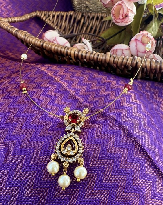 Royal Crimson Double-Tiered Floating Necklace – RUBY RED Invisible Gold Wire Choker with Pearl Dangles