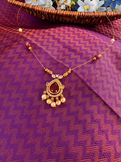 Elegant Ruby Pear Pendant Necklace on Dainty Gold Chain with Pearl Accents