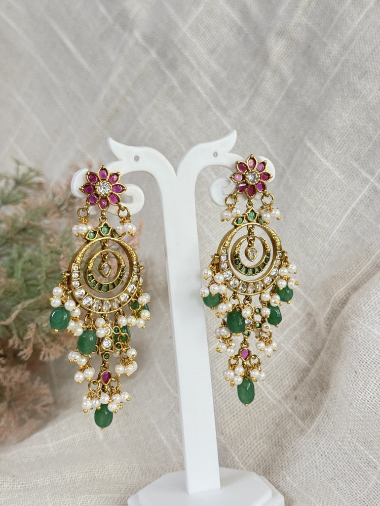 Jadau Kundan & Pearl Chandbali Earrings.Traditional Ruby & Emerald Stone