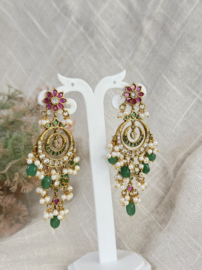 Jadau Kundan & Pearl Chandbali Earrings.Traditional Ruby & Emerald Stone