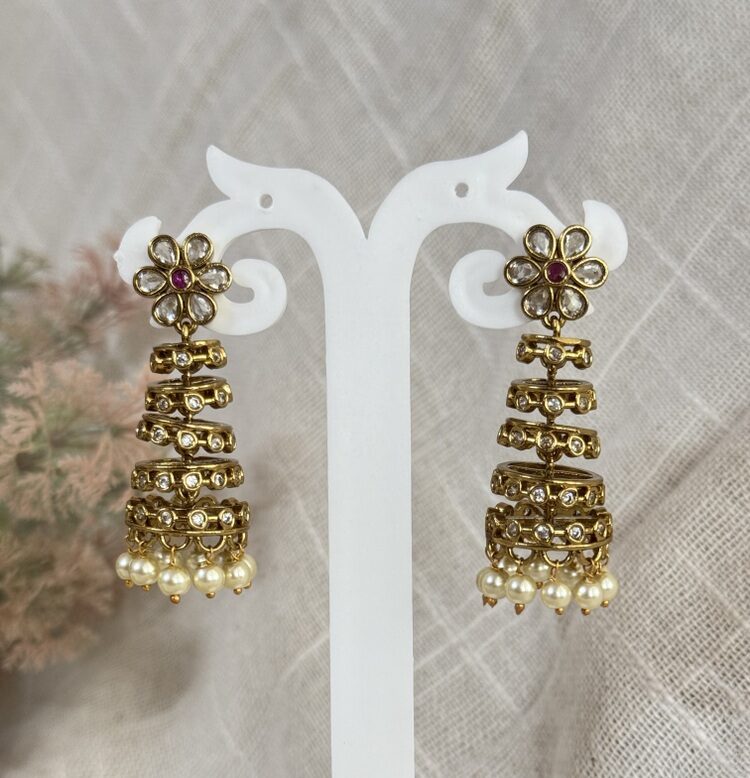 Gold Plated Kundan jhumki Earrings with Emerald & Pearl