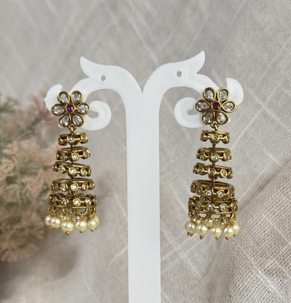 Gold Plated Kundan jhumki Earrings with Emerald & Pearl