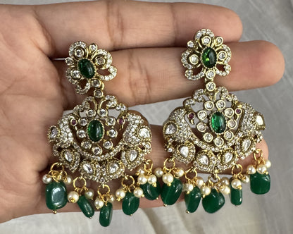 Victorian dark Green Peacock Chandbali Earrings with Polki & Pearl Accents