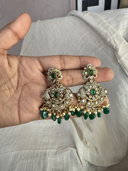 Victorian dark Green Peacock Chandbali Earrings with Polki & Pearl Accents