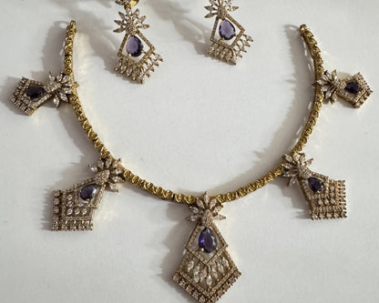 Gold-Plated Geometric Hasli Necklace Set with Purple Teardrop Crystals