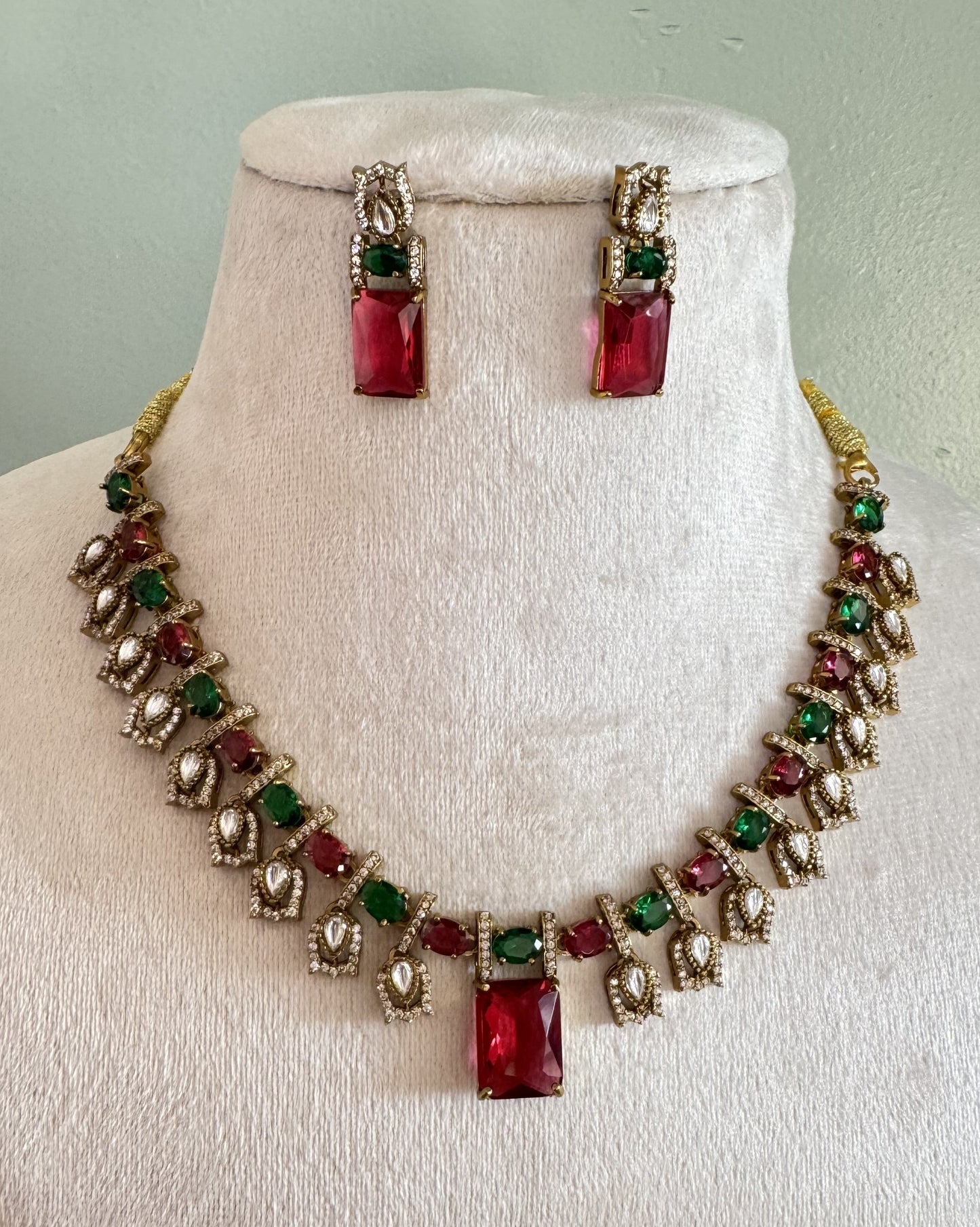 Royal Antique Gold Choker Set with Emerald-Cut Ruby Pink & Kundan Accents