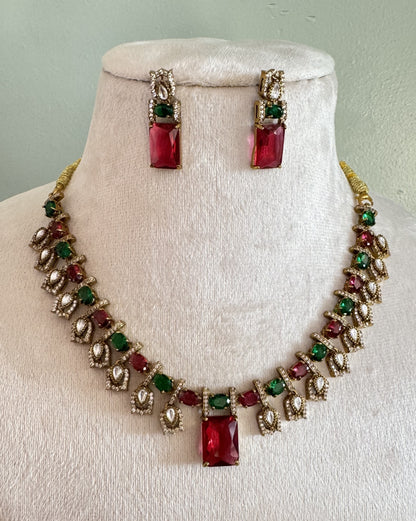 Royal Antique Gold Choker Set with Emerald-Cut Ruby Pink & Kundan Accents