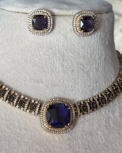 Elite Gold-Plated Cushion-Cut Sapphire royal purple Statement Choker & Earring Set