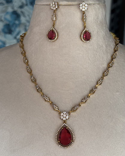 Gold-Plated Minimalist V-Necklace Set with Ruby Red Teardrop Pendant