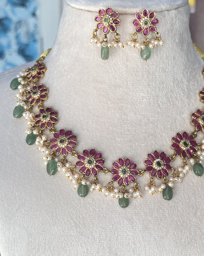 Gold-Plated Floral jadau Kundan Necklace Set with Ruby Pink Petals & Mint Green Beads