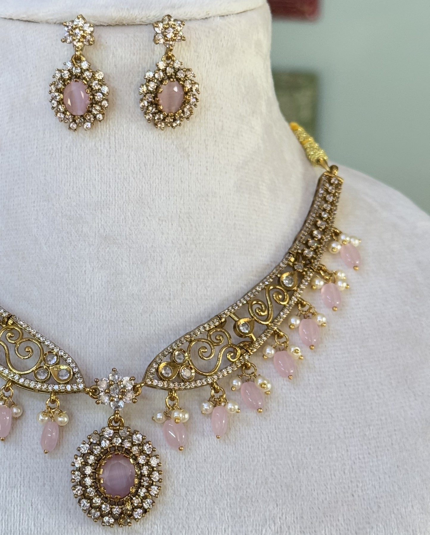 Gold-Plated Antique Filigree Choker Set with Rose Pink Stones & Pearl Drops