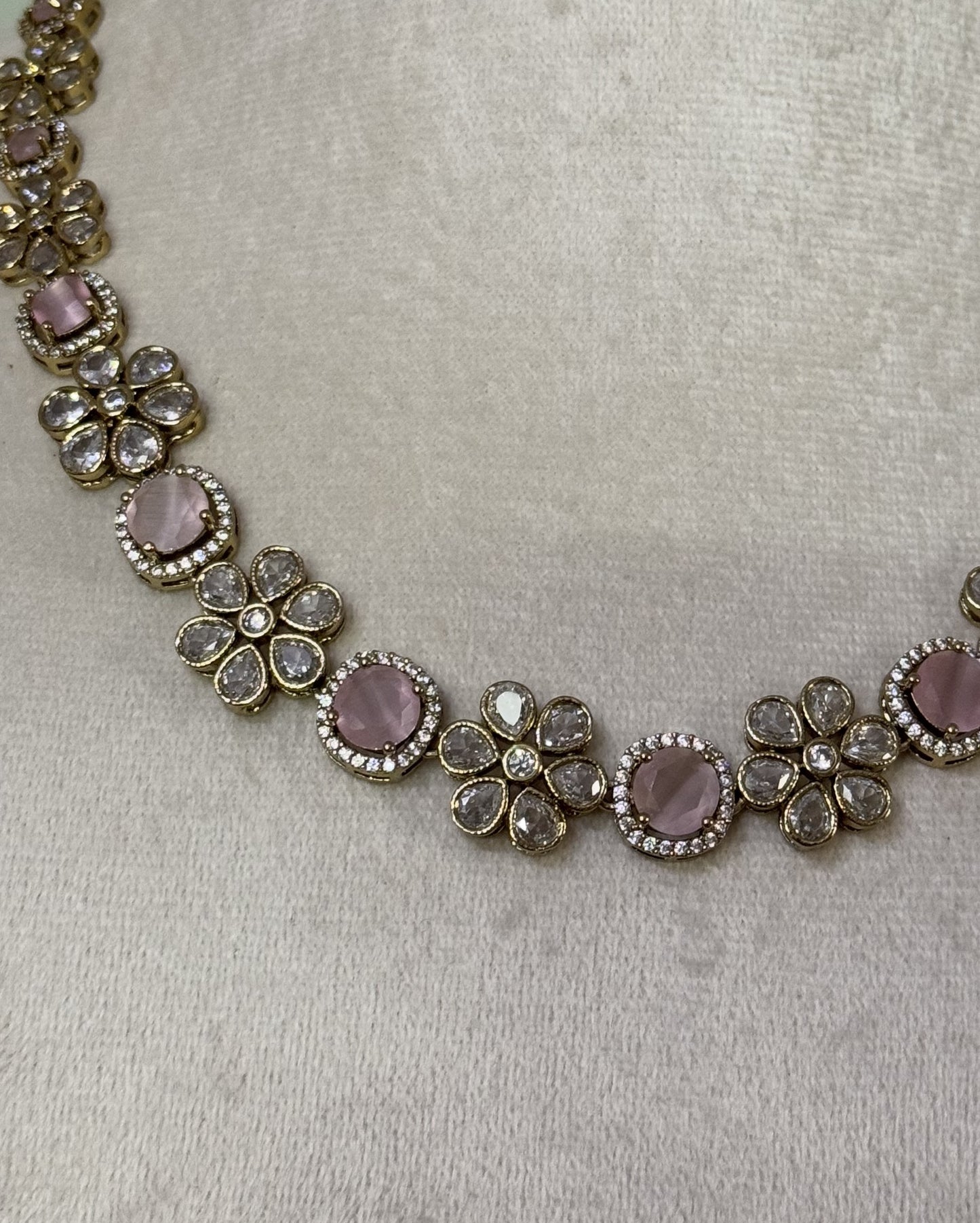 Blush Pink Rose Quartz Style Floral Necklace & Earring Set with Polki Accents