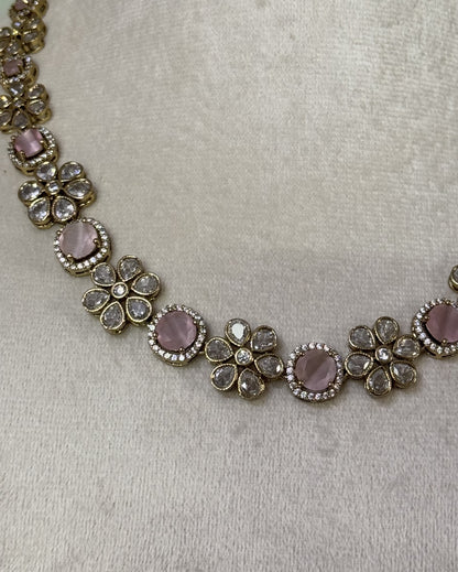 Blush Pink Rose Quartz Style Floral Necklace & Earring Set with Polki Accents